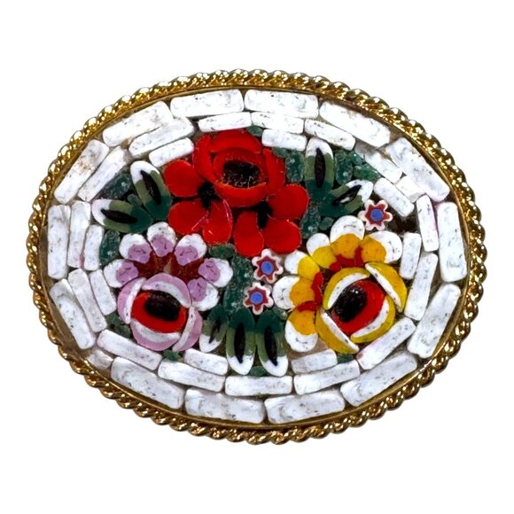 Vintage Italian Micro Mosaic Floral Bouquet Brooch Oval Pin Gold Tone Trimmed - Picture 1 of 5